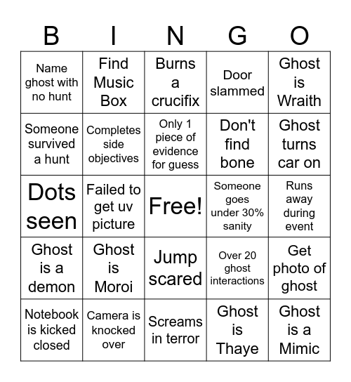 Phasmophobia Bingo Card
