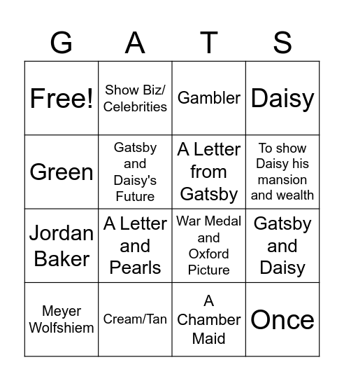 Chapter 4 Great Gatsby Bingo Card