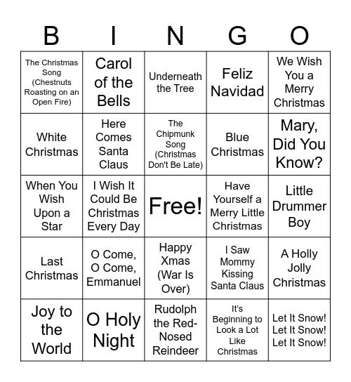 Christmas Song Bingo Card