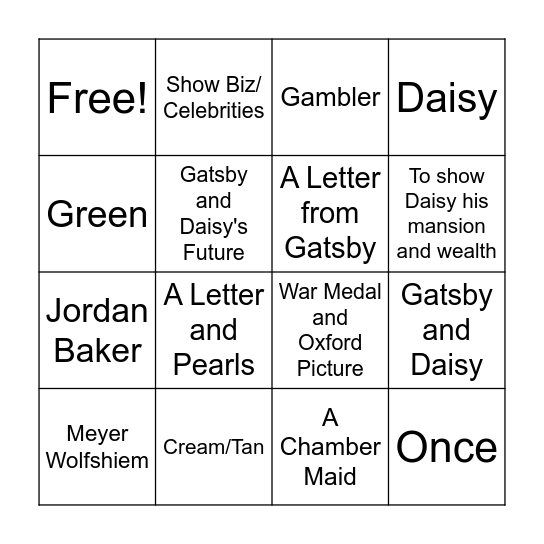 Chapter 4 Great Gatsby Bingo Card