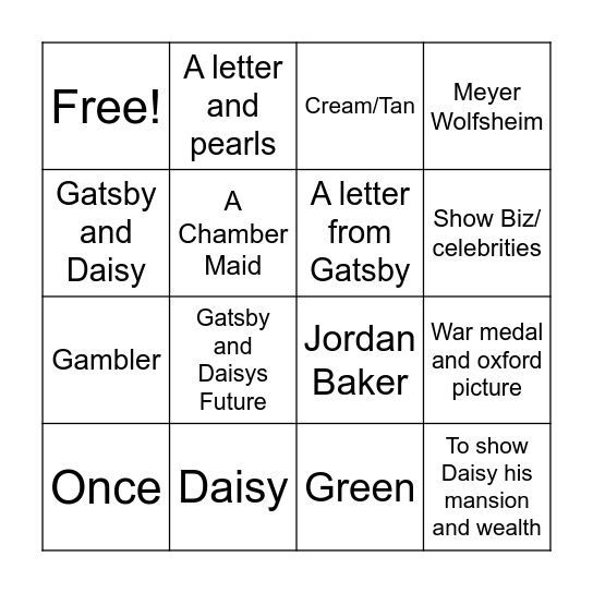 Chapter 4 Great Gatsby Bingo Card