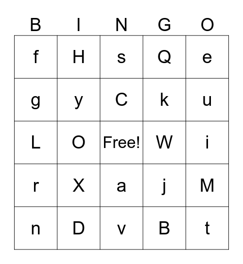 ABC Bingo (Mixed Upper and Lower Case) Bingo Card