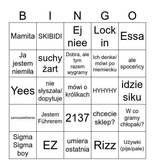 Kira Bingo Card