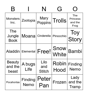 Disney Music Bingo Card