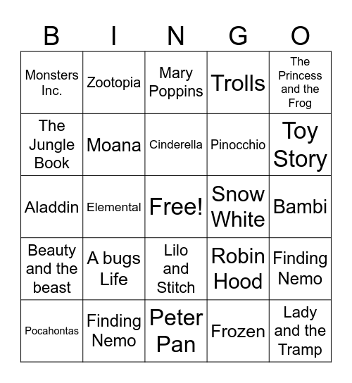 Disney Music Bingo Card