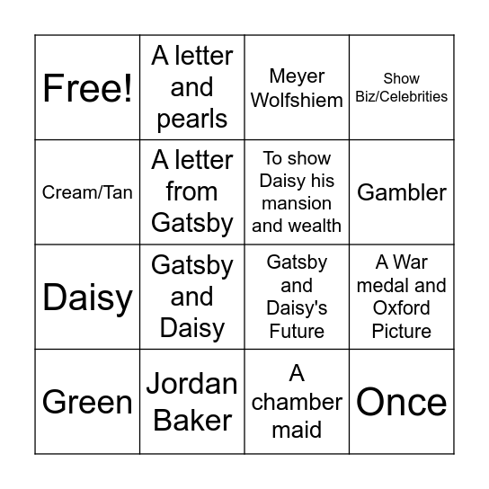 Chapter 4 Great Gatsby Bingo Card