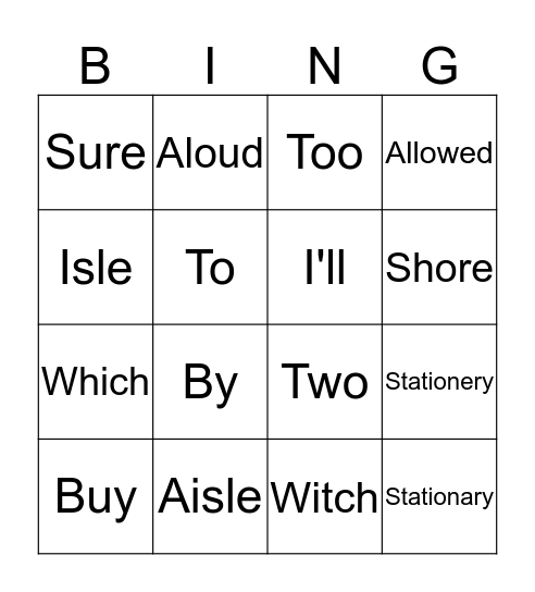 Mrs T homophones Bingo Card