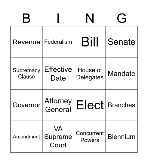 State Government Bingo Card