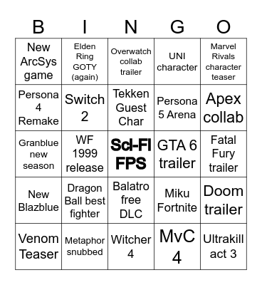 Game Awards Bingo Card