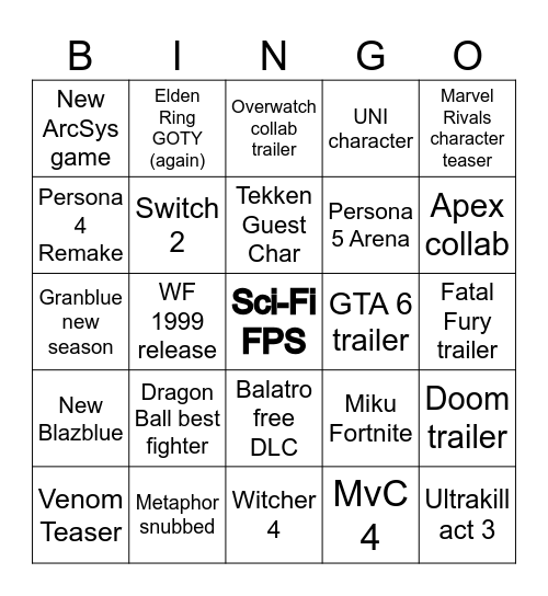 Game Awards Bingo Card