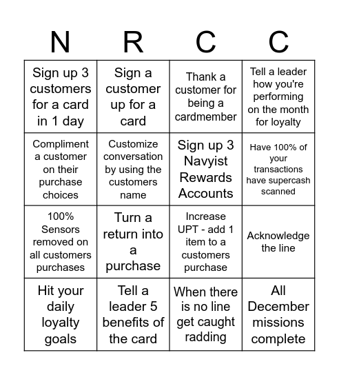 Holiday Deal Rush Bingo Card