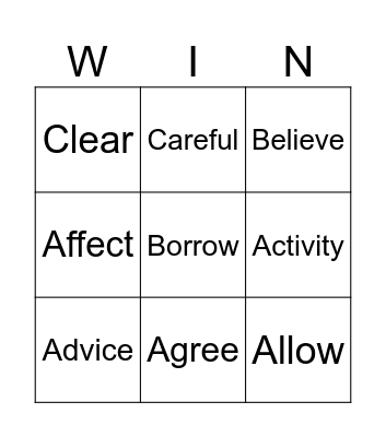 Midterm Vocabulary Bingo Card