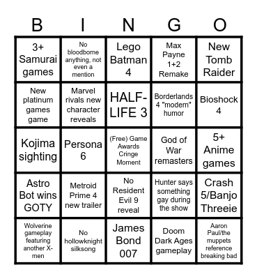 Game Awards BINGO Card