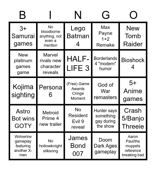 Game Awards BINGO Card
