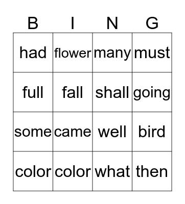 Sight word bingo 3 Bingo Card