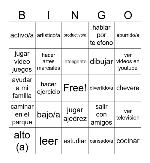 Personal Identity Adjectivos Bingo Card
