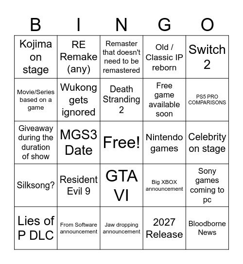 The Game Awards 2024 Bingo Card