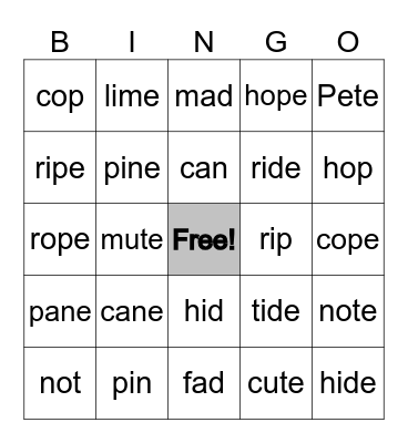 CVC vs. Magic E Bingo Card