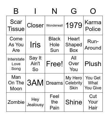 Alternative Rock Bingo Card