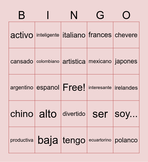 personal Identity-Adjetvios Bingo Card