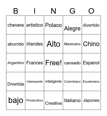 Personal Idenitiy adjectives Bingo Card