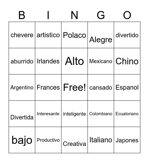 Personal Idenitiy adjectives Bingo Card