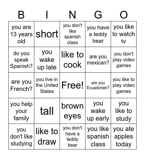 Personal Identity-adjectivos Bingo Card