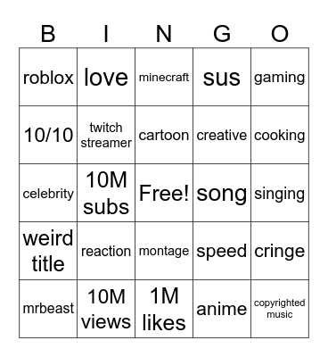 youtube Bingo Card