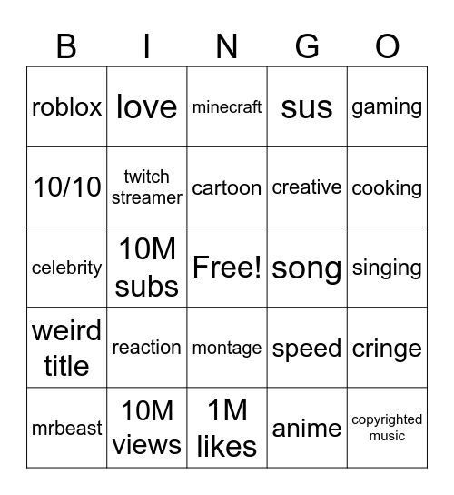 youtube Bingo Card