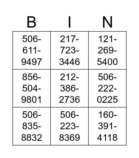 Phone numbers Bingo Card