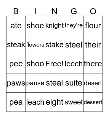 Will Zac Homophones Bingo Card