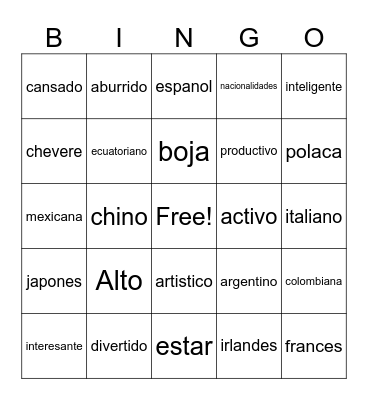 personal Identity-Adjetivos Bingo Card