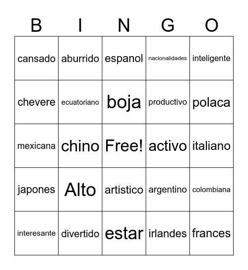 personal Identity-Adjetivos Bingo Card