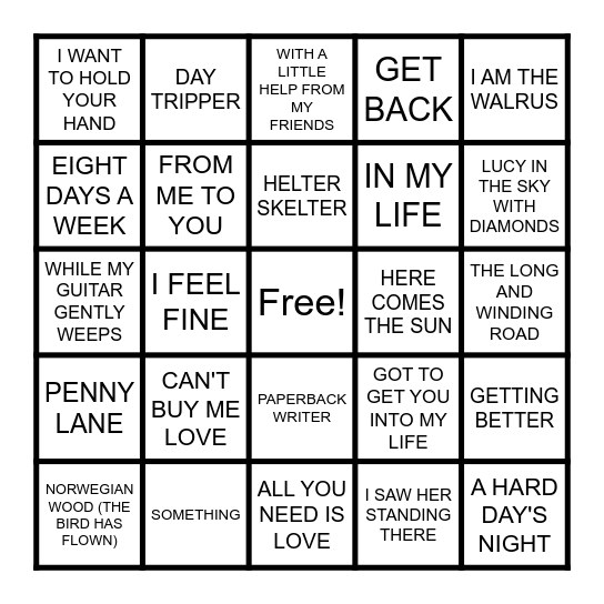 BEATLES Bingo Card