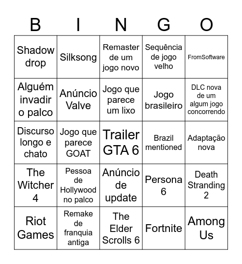 Bingo The Game Awards 2024 Bingo Card