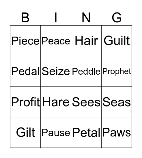 Ben and Taj's homophones grid Bingo Card