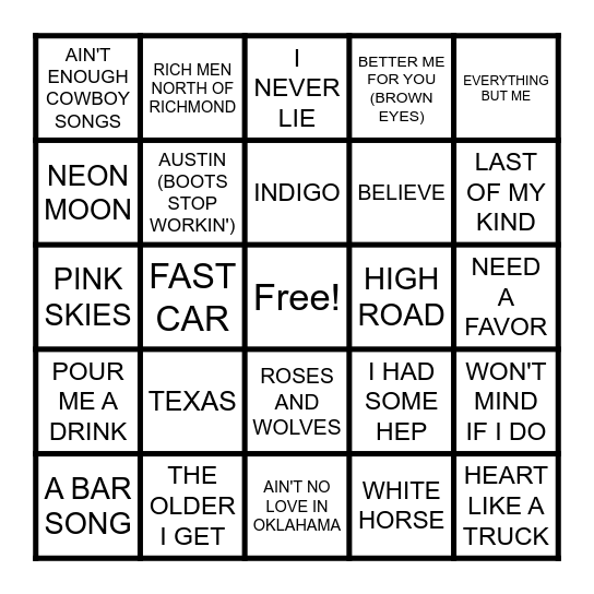 NEW COUNTRY Bingo Card