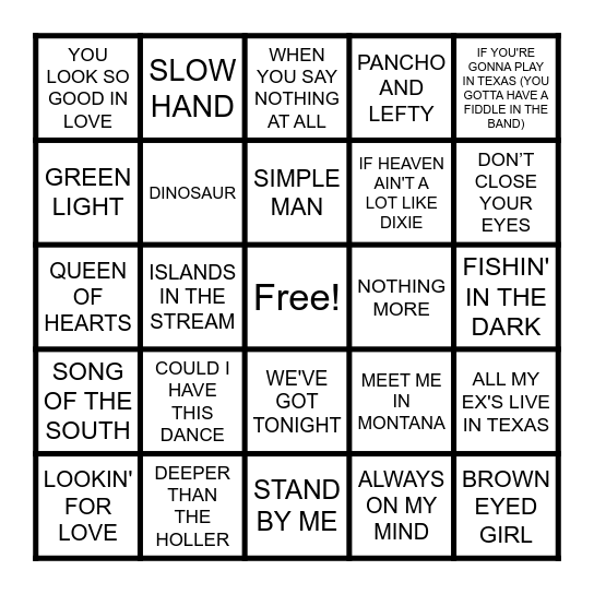 80'S COUNTRY Bingo Card