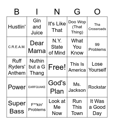 Hip Hop Top 100 Bingo Card