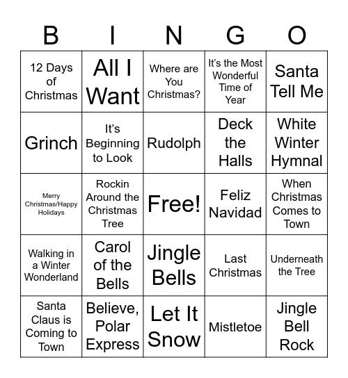 Christmas Carol Bingo Card