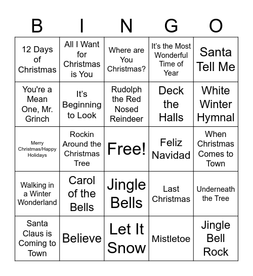 Christmas Carol Bingo Card