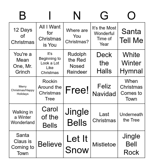 Christmas Carol Bingo Card