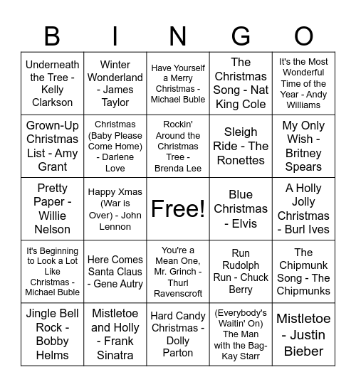 Etix Holiday Music Bingo Card