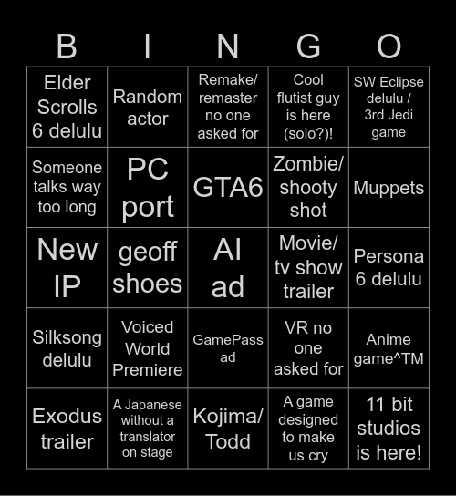 TGA 2024 Bingo Card