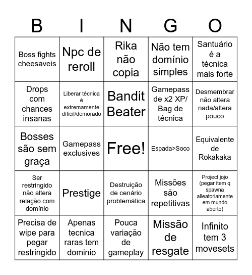 Jujutsu Infinite Bingo Card