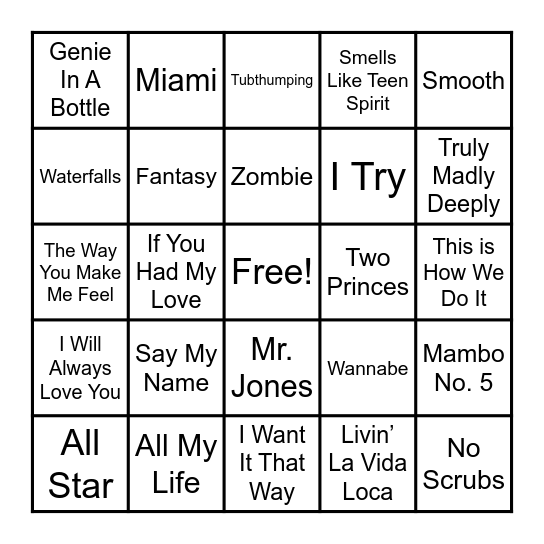 90's Pop Music Bingo Card