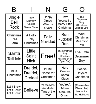 Amtrak Holiday Music Bingo Card