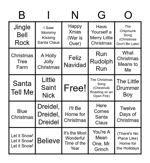 Amtrak Holiday Music Bingo Card