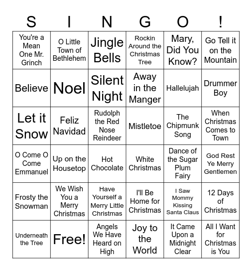 Feliz Navidad SINGO Bingo Card