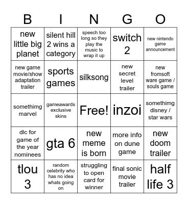 game awards Bingo Card